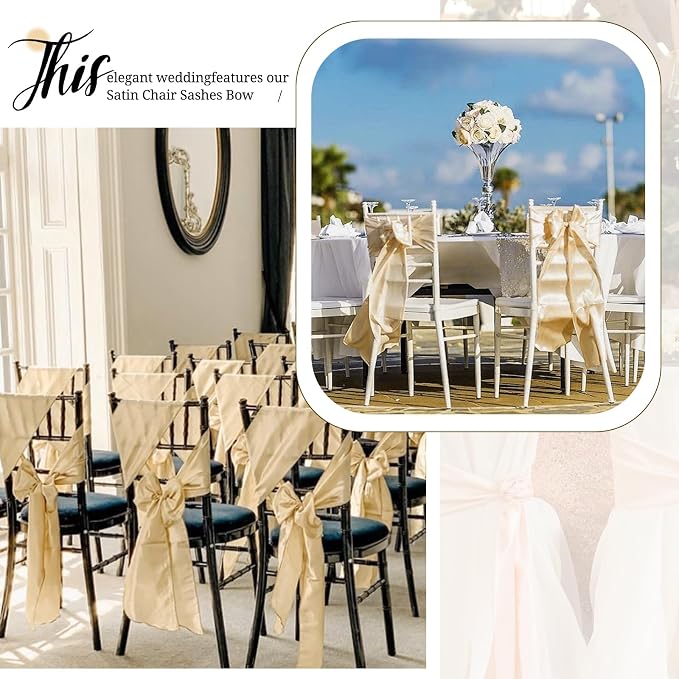 Pesonlook 60 PCS Champagne Satin Chair Sashes Bows Satin Sashes Universal Chair Cover for Wedding Reception Restaurant Event Decoration Banquet,Party,Hotel Event Decorations (7 x 108 inch)
