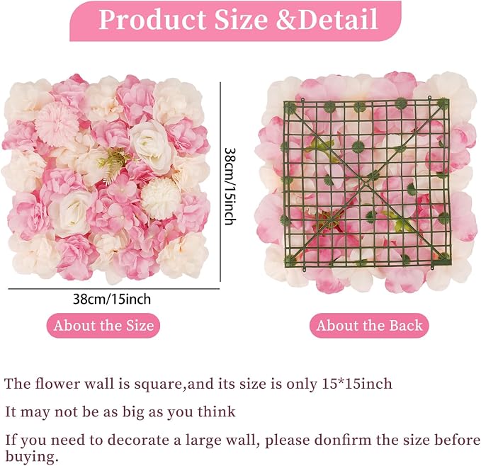3D Flower Wall Backdrop - 12Pcs 15×15 Inch Artificial Rose Panels Pink & White Silk Floral Decor for Home Party Wedding Anniversary Birthday Photographic Studio Background & Decorative Fences