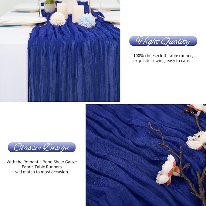 20 Pack Royal Blue Cheesecloth Table Runner 120 Inch 10FT Rustic Boho Gauze Cheese Cloth Table Runner for Wedding Party Baby Shower Thanksgiving Christmas Decoration