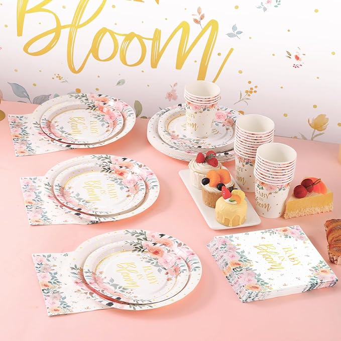 350 Pcs Baby in Bloom Baby Shower Decorations for Girl, Its a Girl Baby Shower Plates and Cups and Napkins Sets, Pink Floral Baby in Bloom Plates and Napkins Sets, Serves 50
