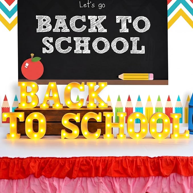 Honoson 12 Pcs Back to School Decoration LED Letter Lights Sign Neon Marquee Lights First Day of School Table Decoration for Classroom Office Desktop Decor