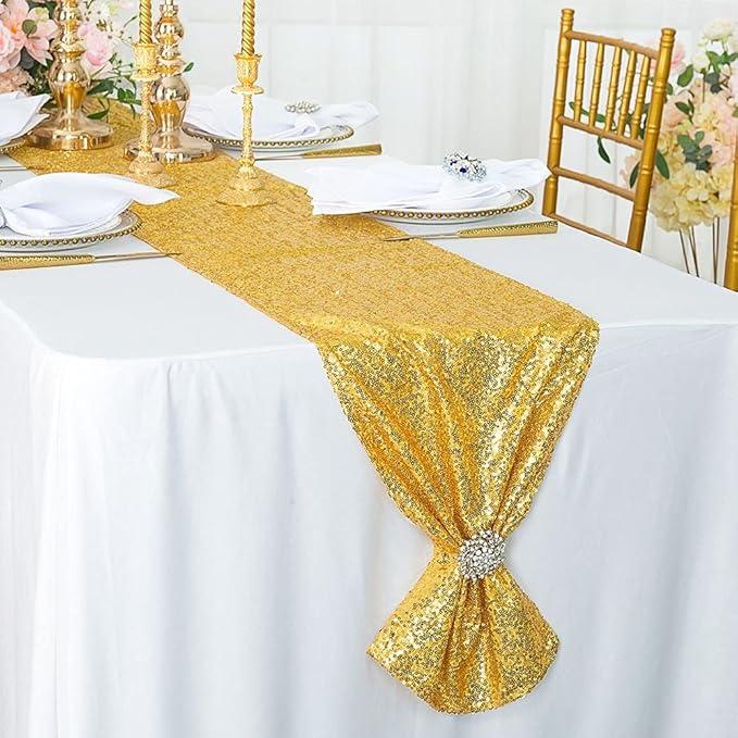 JYFLZQ Gold Sequin Table Runner 12"x108" Pack of 2 Glitter Sequin Fabric Table Linens - Sparkly Runners for Wedding & Birthday Party Decor