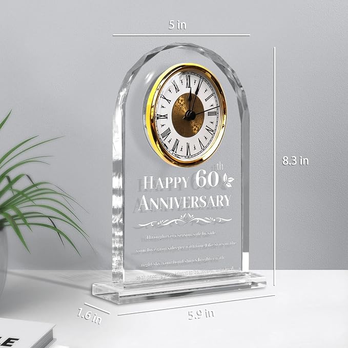60th Wedding Anniversary Clock Gifts for Couples - Elegant Crystal Glass Clock Keepsake for Husband & Wife - Unique Home Decor for 60 Years of Marriage