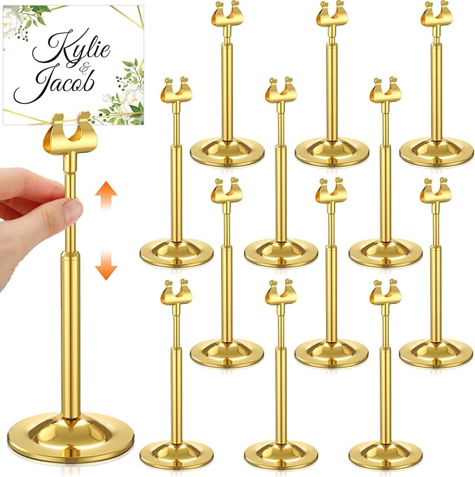 Kathfly Gold 12 Set Table Number Holders Adjustable Metal Place Card Holders Harp-clip Tabletop Sign Stands Detachable Card Holder for Weddings Birthday Restaurants Table Decor (4.9-7.3 Inch)