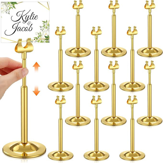 Kathfly Gold 12 Set Table Number Holders Adjustable Metal Place Card Holders Harp-clip Tabletop Sign Stands Detachable Card Holder for Weddings Birthday Restaurants Table Decor (4.9-7.3 Inch)