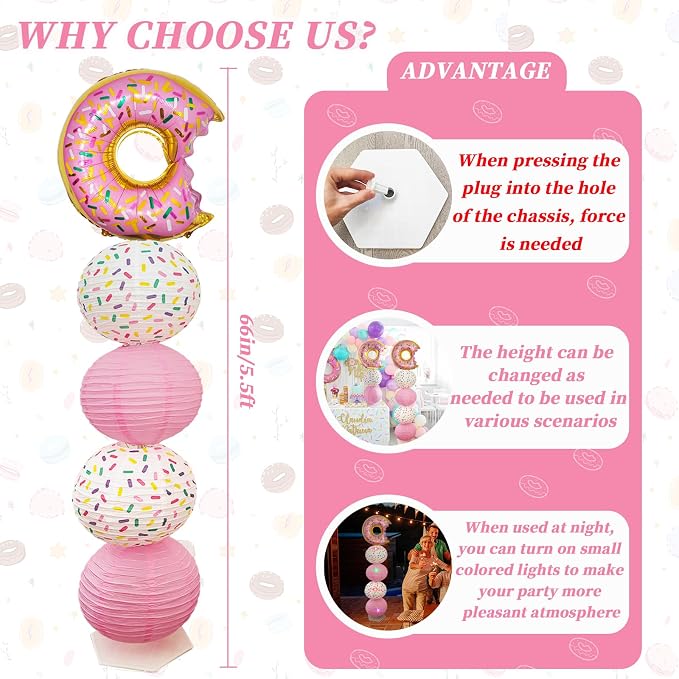 Donut Balloon Column Stand Kit And Paper Lantern 2 Sets 5.5 Feet with Reusable Metal Telescopic Design for Donut Parties, Birthday Decorations for Girls, Easter Decorations,Wedding