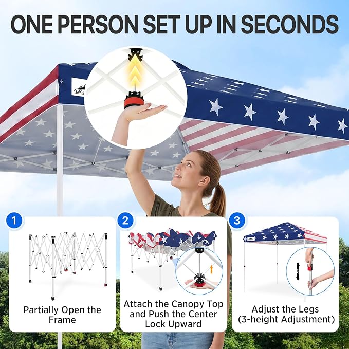 EAGLE PEAK Pop Up Canopy Tent with Wheeled Carry Bag, 8 Stakes, 4 Ropes, Easy Set Up Tent Canopy, 8x8 ft, American Flag