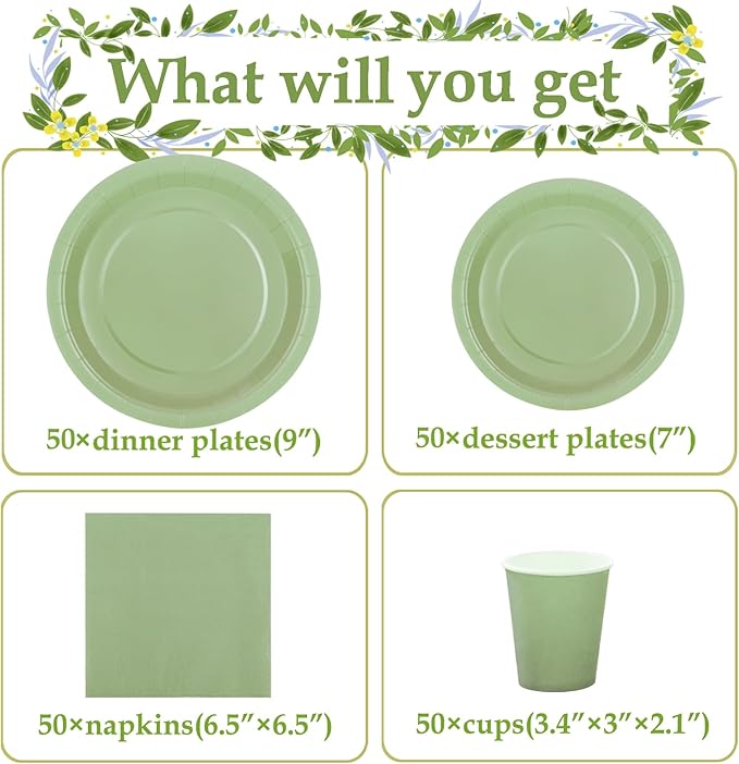 Sage Green Paper Plates, Plates and Napkins Party Supplies 200 Pcs, Greenery Bridal Shower baby decorations Birthday Serves 50, Medium