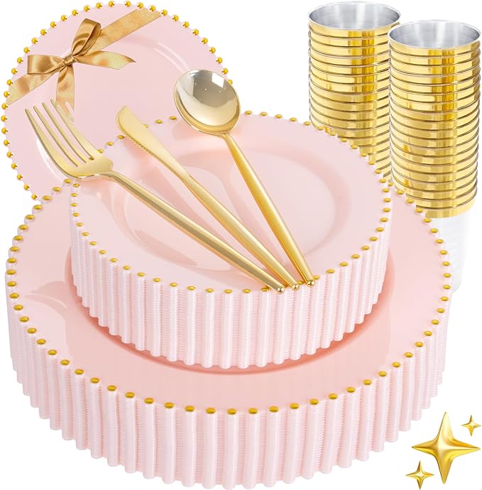 180pcs Pink Plastic Plates with Gold Beads,Elegant Heavy Duty Disposable Plates,Pink and Gold Dinnerware Set Include 10.25" Dinner Plate and 7.5" Dessert Plate with Plastic Silverware and Cups Party