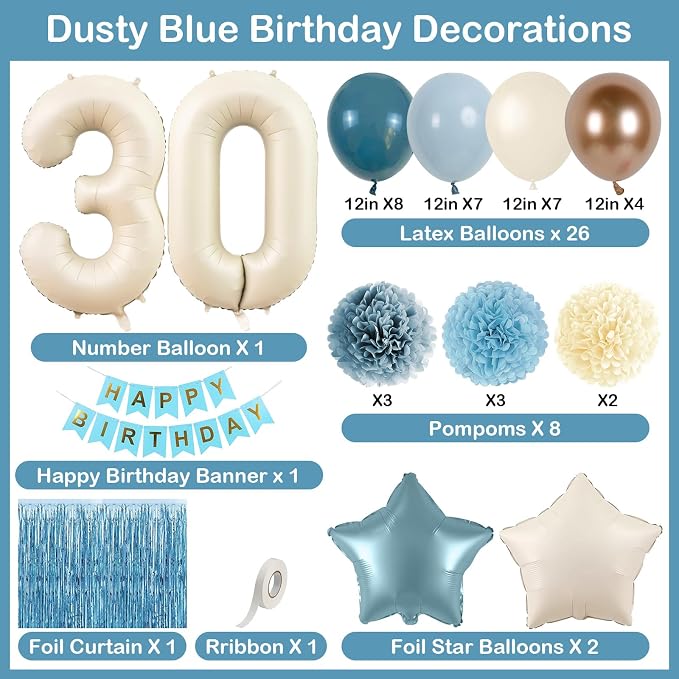 Dusty Blue 30th Birthday Party Decorations for Her Him Beige Cream Number 30 Balloon with Blue Gold Happy Birthday Banner Fringe Curtain Paper Pom Poms Nude White Sand Champagne Star Foil Balloons