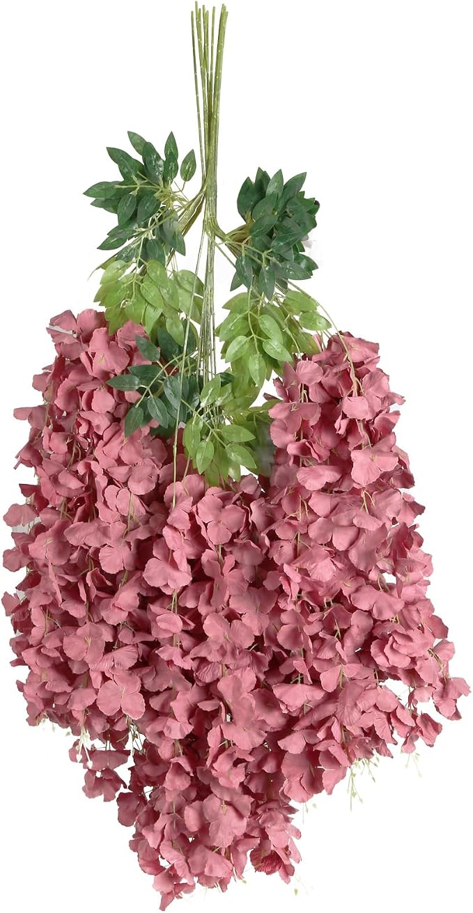 12PCS Artificial Wisteria Hanging Flowers 3.6ft Dusty Pink Fake Hanging Flowers Garland Silk Flowers Rattan String Faux Wisteria Vine for Garden Home Wedding Arch Decoration (Dusty Pink)