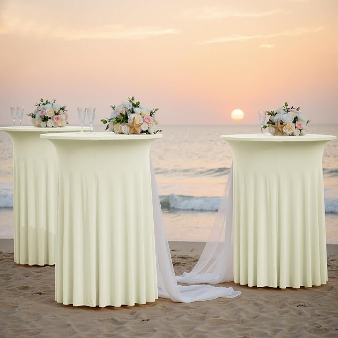 4 pk Ivory Cocktail Table Cloth Round 32×43in-High Top Highboy Bar Cocktail Tablecloths-Wrinkle Free Stretchy Fitted Spandex Table Covers with Ruffle Desk Skirt for Wedding Banquet Party Tables