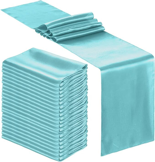 Bencailor 24 Pcs Light Blue Satin Table Runner Bulk 12 x 108 Inches Long Table Runners Bright Smooth Fabric Tablecloth for Wedding Banquet Birthday Spring Graduation Party Decorations