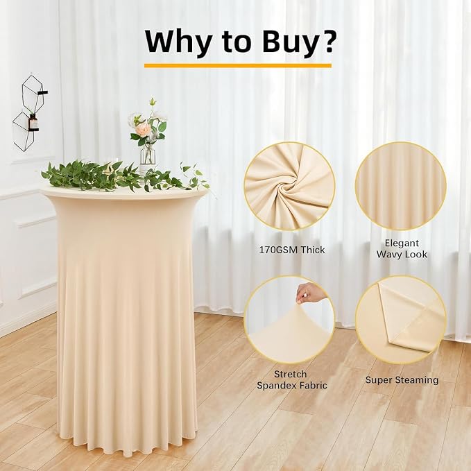 2 Pack Champagne Round High Top Cocktail Table Cloth 36×43 Inch, Wrinkle Free Stretch Spandex Cocktail Tablecloths Table Covers with Wavy Skirt for Cocktail Party Banquet Birthday Bar