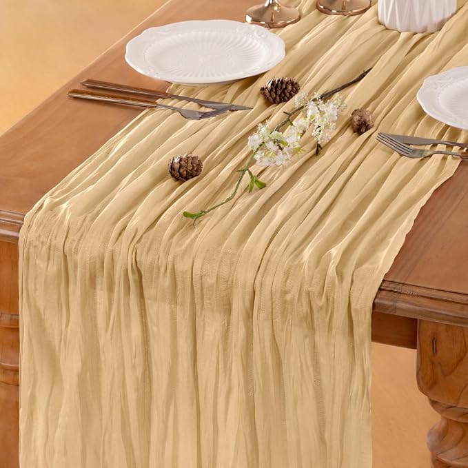 LINXTAR Beige Cheesecloth Table Runner 120 Inches 10Ft Gauze Summer Boho Table Runner for Wedding Tea Party Baby Shower Bridal Birthday Home Decoration