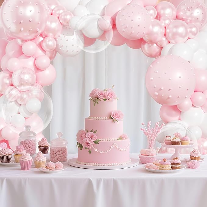 Pink Balloon Arch Kit 177Pcs Pink and White Balloon Arch Kit with Clear Double Stuffed Pearl Pink Balloons Pearl Stickers for Wedding Birthday Bridal Shower Engagement Baby Shower Party Decorations