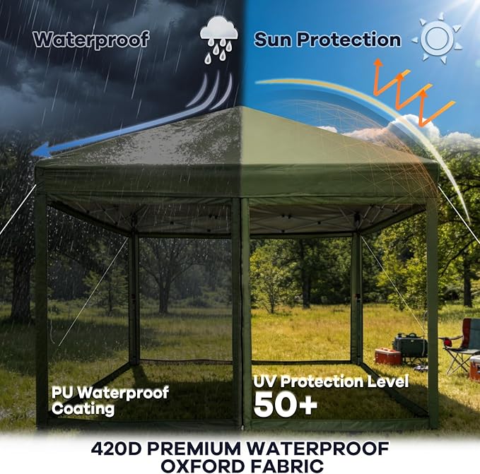 8x8 Pop Up Canopy with Mosquito Netting, Ez Up Portable Waterproof Instant Outdoor Screen Shelter, Pop Up Tent for Patio, Backyard, Parties, Camping and Events, Army Green