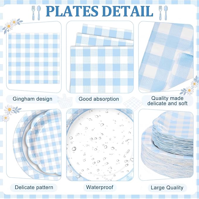 Funnymoom 250 Pcs Blue Gingham Paper Plates and Napkins Party Supplies Blue White Checkered Disposable Plaid Tableware Set Scalloped Dessert Plates for Wedding Bridal Shower Picnic Party Decorations