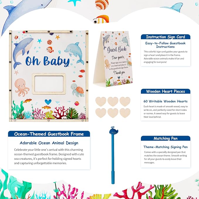 Under The Sea Baby Shower Decorations,Ocean Animals Baby Shower Guest Book Alternatives with Whale Pen,60 Heart Wood Slices for 60 Guests,Oneder The Sea Birthday Party Decorations Girl