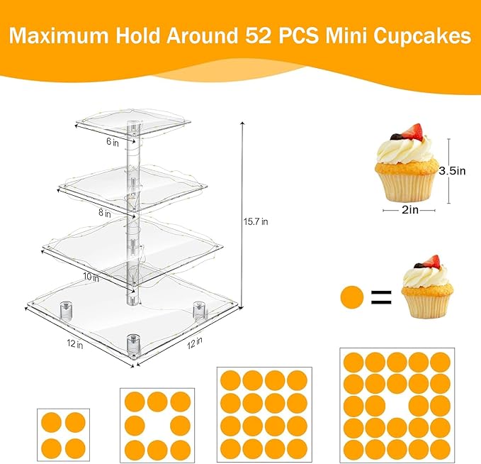 YestBuy Cupcake Stand with Yellow LED Lights, 4 Tier Cupcake Stand for 50 Cupcakes, Acrylic Cupcake Tower Stand, Clear Tiered Cupcake Holder for Birthday Candy Bar Décor Weddings, Parties Events