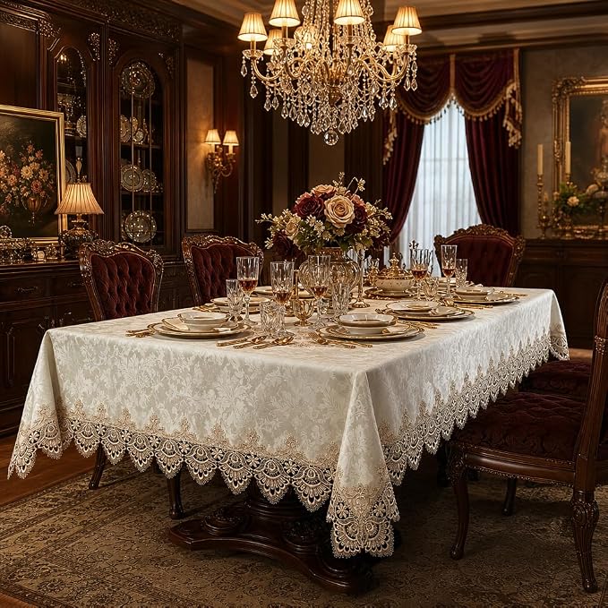 ARTABLE Lace Table Cloth Rectangle Traditional American Style Antique Flower Decor Macrame Luxury Victorian for Outdoor Farmhouse Rustic Kitchen Party Birthday Picnic (Light Brown, 52 x 70 Inch)