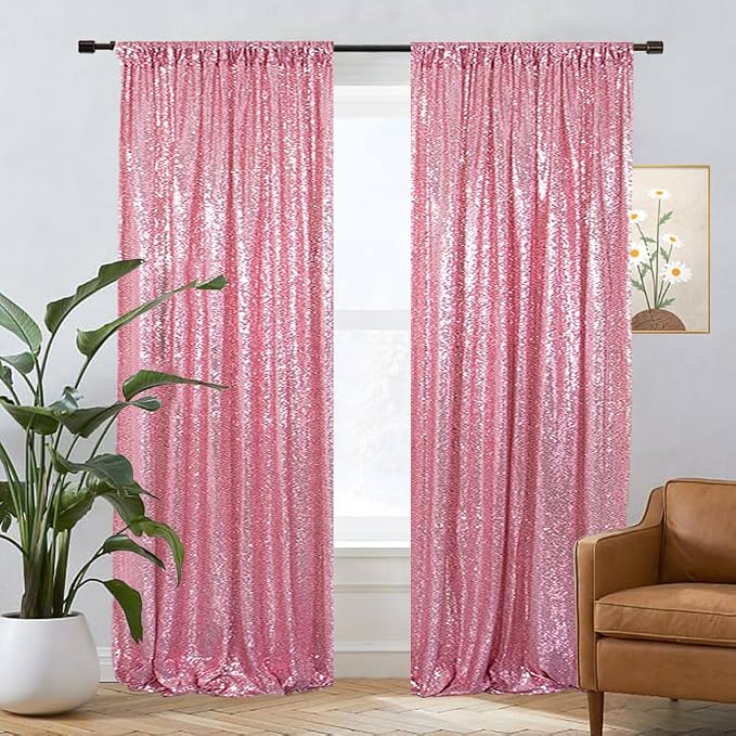 Eternal Beauty Sequin Backdrop Curtains, 2x8 Ft-2 Panels Fuchsia Pink Back Drop for Mother's Day Shimmer Photography Party Wedding Birthday Decor