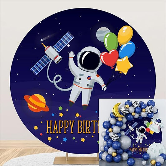 Polyester Diameter 5.5ft Happy Birthday Round Background for Boy Cartoon Astronaut Flying Machine Balloon Saturn Photography Background 1st 2nd Birthday Party Newborn Baby Shower Decor Props