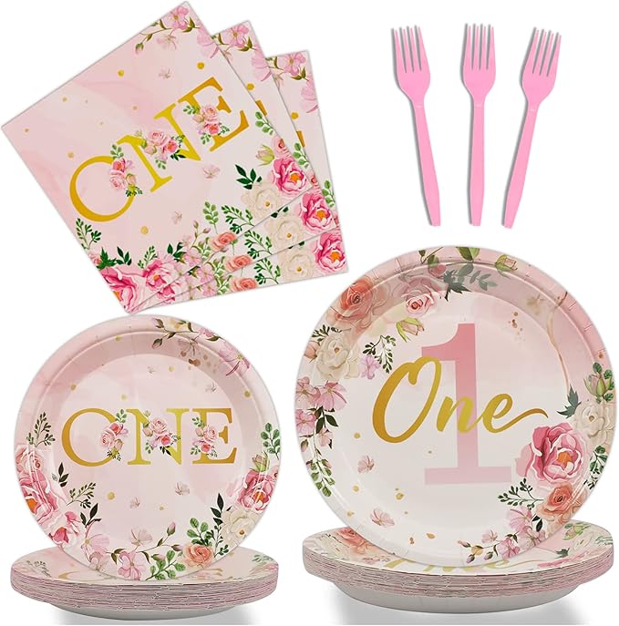 96Pcs 1st Birthday Party Supplies - Girls' One Year Tableware with Floral Birthday Plates, Napkins, Dinnerware, Decorations & Favors for Baby Shower, Serves 24