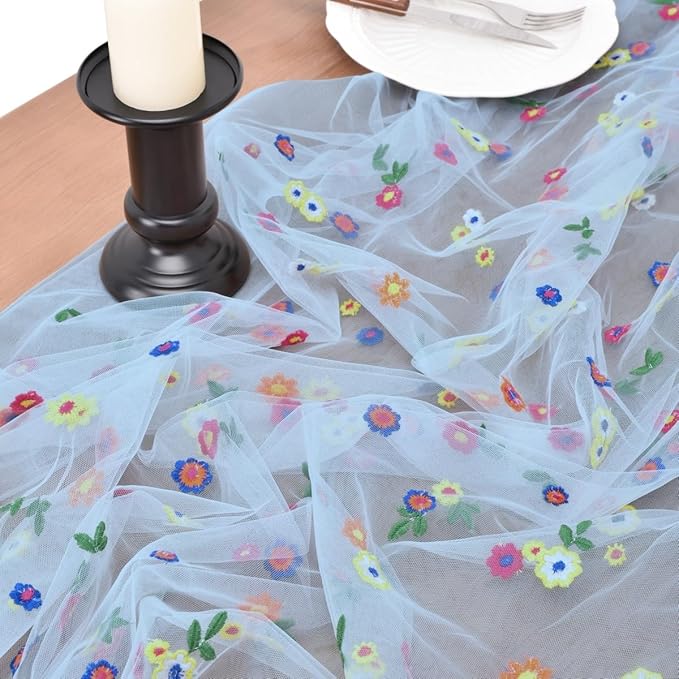 Joanlody 3pcs Blue Summer Flower Table Runner 10ft Embroidery Daisy Floral Seasonal Tulle Table Runner for Home Garden Tea Party Holiday Birthday Decoration