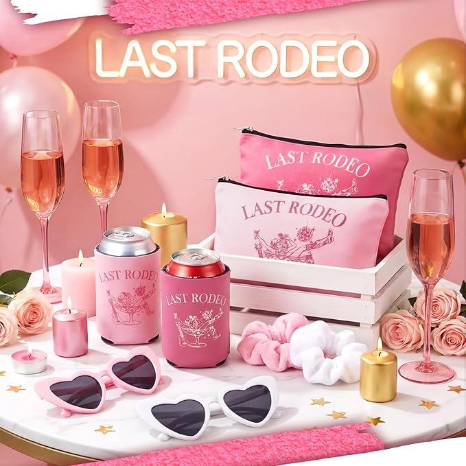 Sawysine 28 Pcs/7 Set Last Rodeo Pink Bachelorette Party Supplies for Nashville Western Cowgirl Bachelorette Bridal Shower Party Decor Bridesmaid Favors with Can Sleeve Makeup Bag Scrunchie Sunglass