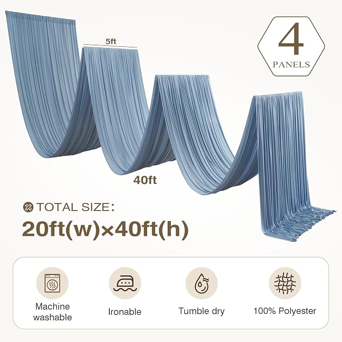 4 Panels 5x40ft Dusty Blue Ceiling Drapes for Wedding Parties, Wrinkle Free Thick Polyester 40ft Extra Long Wedding Draping Ceiling Curtains Arch Drapery for Birthday Party Canopy Tent Decor