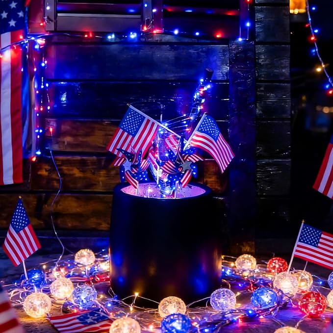YEGUO 8 Pack Fairy Lights Battery Operated, Each 16ft 50 LED 4th of July Lights, 2 Modes Christmas Lights for Outside Patio Yard Tree Decorations(Red White and Blue)