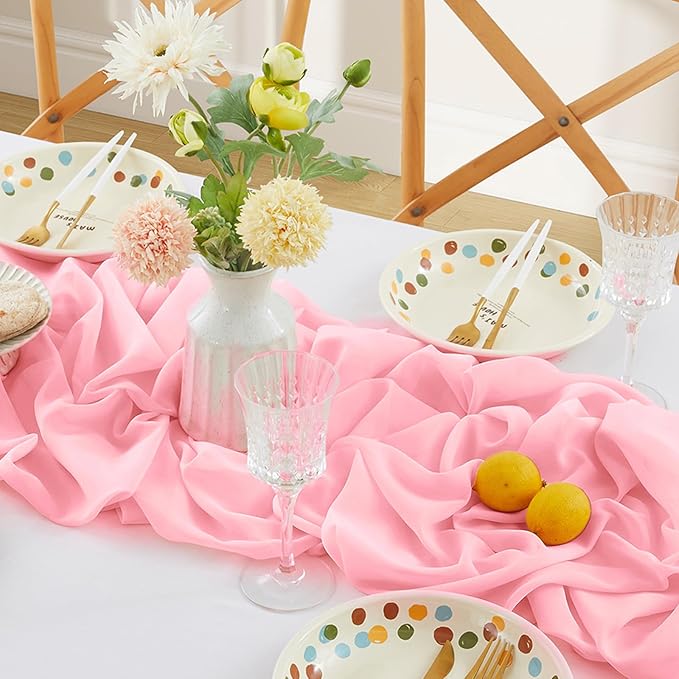 Horbaunal Light Pink Chiffon Table Runners 10FT Sheer Chiffon Runner 29x120 Inches Romantic Boho Rustic Table Runner for Wedding Party Bridal Baby Shower Table Decorations