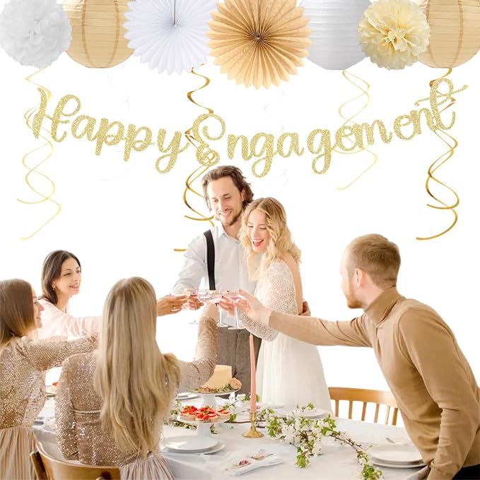 Happy-Engagement Wedding Banner Just-Engaged Party-Decorations - 22pcs White Champagne Gold Paper Lanterns Streamers,Tissue Paper Pom Poms Flowers Fans Garland Decor Sign Backdrop Hugmoon