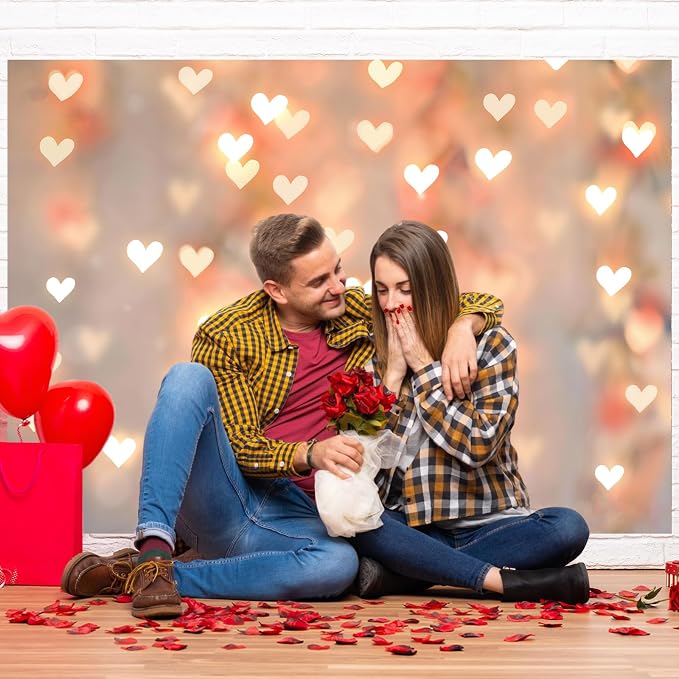 Romantic Heart Anniversary Backdrop 7x5ft Gold Heart Light Home Decorations for Couples Date Night Wedding Engagement Birthday Party Photo Booth Background (82x59inch)