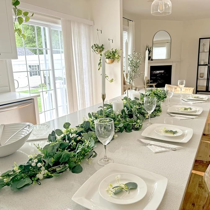 CQURE 4Pcs Eucalyptus Garland,Artificial Eucalyptus Leaves Table Greenery Garland Wreath Vines for Wedding Party Table Fireplace Bedroom Wall Room Decor