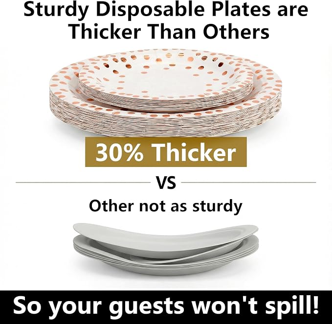 hapray 201PCS Disposable Paper Plates Rose Gold Party Supplies, Polka Dots Birthday and Baptism Decorations, include Cups, Napkins, Plastic Tablecloth, for Baby Shower, Mother's Day