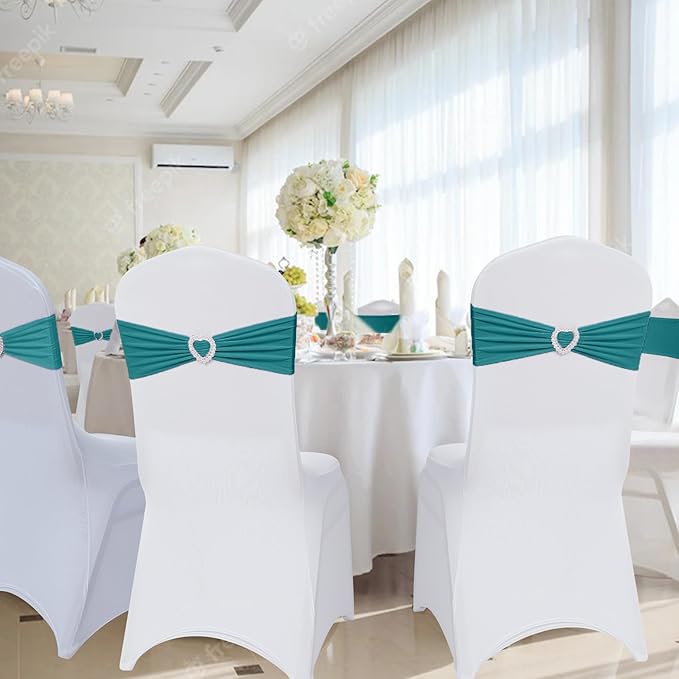 Howhic Pack of 120 Spandex Chair Sashes Bows Stretch Chair Cover Band with Buckle Slider Universal Elastic Chair Ties for Wedding Banquet Party Event Decoration (Turquoise)