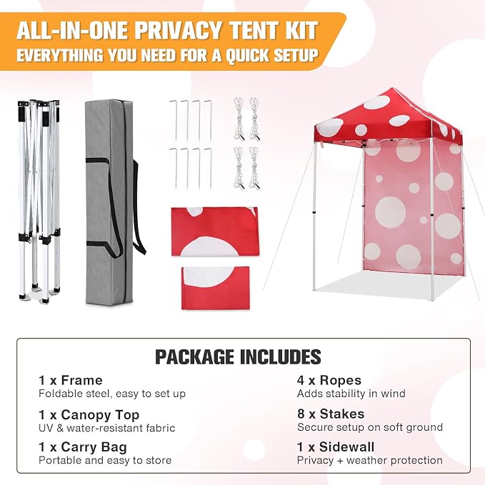 EAGLE PEAK Pop up Canopy 5x5, Outdoor Portable Canopy Tent with One Removable Sunwall, Carry Bag Included, Red Mushroom