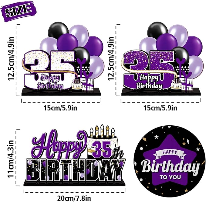 LINGTEER Happy 35th Birthday Purple Acrylic Table Topper Centerpieces Set - Cheers to 35 Years Old Birthday 35th Bday Party Gift Decorations.
