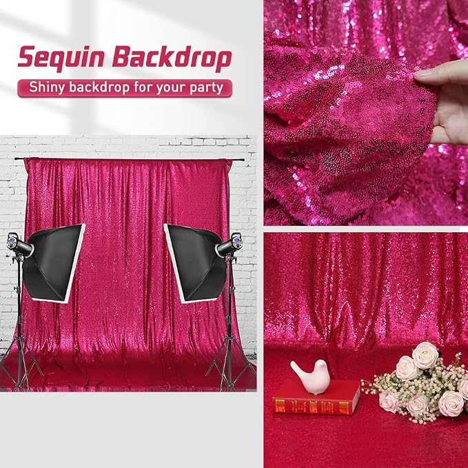 Eternal Beauty Sequin Backdrop Curtains, 2x8 Ft-2 Panels Hot Pink Back Drop for Mother's Day Shimmer Photography Party Wedding Birthday Decor