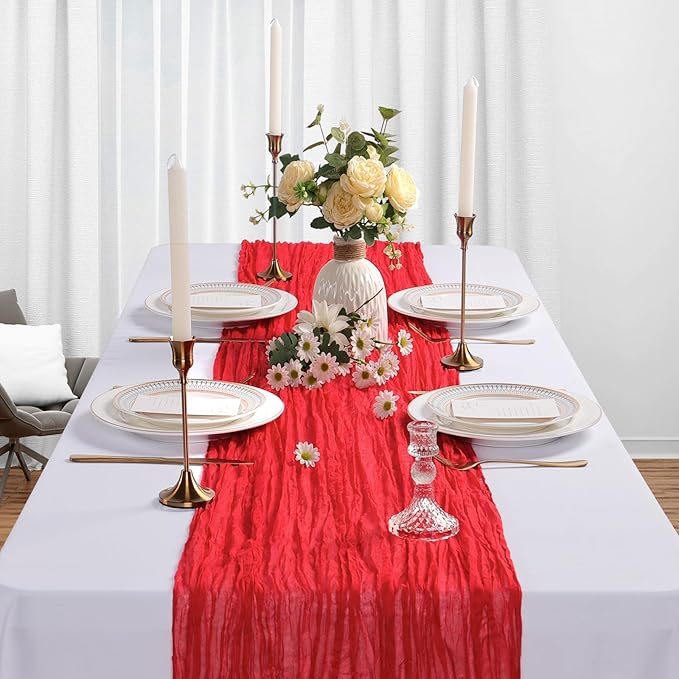 12 Pack Red Cheesecloth Table Runner 10Ft Spring Gauze Cheese Cloth Table Runner 35x120 Inch Boho Sheer Rustic Fabric for Holiday Party Decor Baby Shower Wedding Decorations