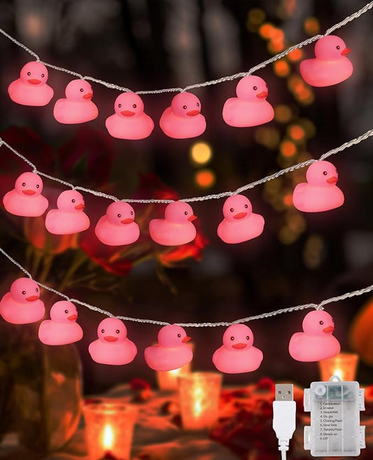 AceList Pink Rubber Ducks String Lights, 20 LED Valentines Rubber Duck Can Squeezable and Sound-Enabled, Jeep Ducks for Ducking Kids Room, Party, Proposal, Wedding, Baby Shower