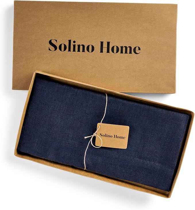 Solino Home Linen Square Tablecloth 52 x 52 Inch - 100% Pure Linen Chambray Navy Table Throw - Athena, Machine Washable Tablecloth for Summer