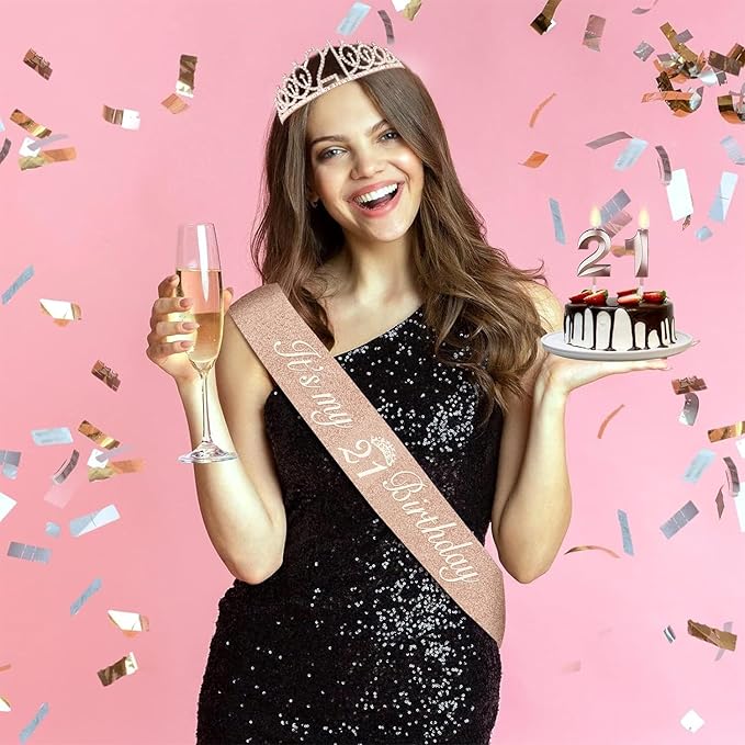 21st Birthday Decorations for Her, Include 21st Birthday Sash and Tiara, Cake Topper and Candles, Number Balloons, 21 Year Old Gifts for Her