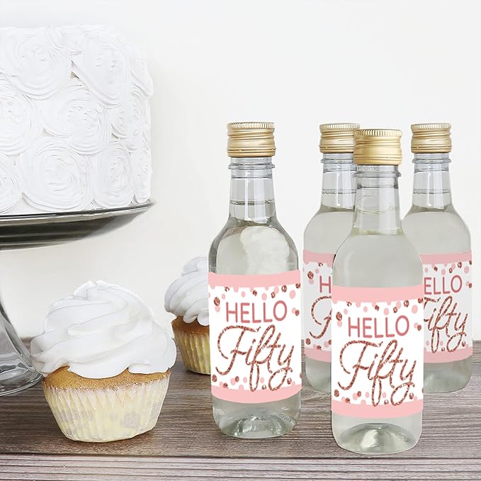 Big Dot of Happiness 50th Pink Rose Gold Birthday - Mini Wine and Champagne Bottle Label Stickers - Happy Birthday Party Favor Gift for Women and Men - Set of 16