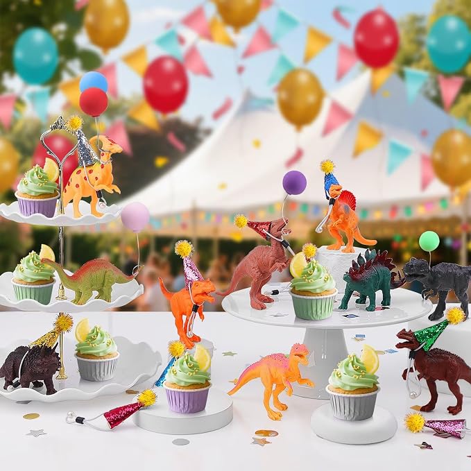 26 PCS Jungle Animal Birthday Party Decorations with Dinosaur Figurines, Mini Hats & Balloons, Cake Toppers for Birthday Party, Wild Animals Party Supplies(Dinosaur)
