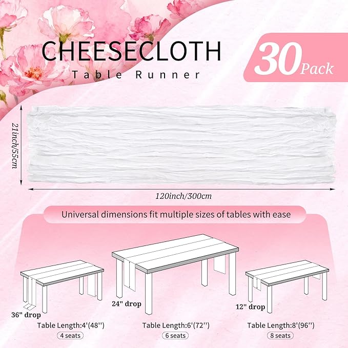 30 Pack Cheesecloth Table Runner 10FT White Table Runner Boho Gauze Cheese Cloth Table Runners Long Rustic Sheer Table Decorations for Wedding Party Baby Bridal Shower Birthday Holiday Home
