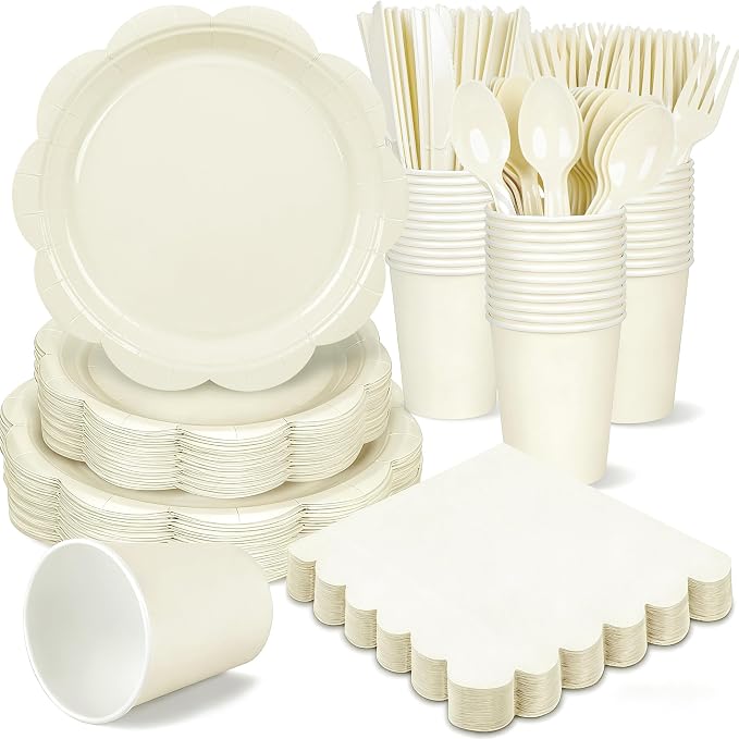 400 Pcs Ivory Paper Plates and Napkins Set Party Supplies, Tableware set for 50 Guest include Disposable Ivory Scalloped Plates Napkins Knives Forks Spoons Cups for Baby Shower Bridal Shower Wedding