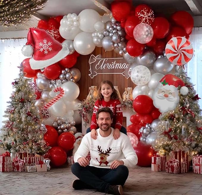 Red White Christmas Balloon Arch Kit, Double Stuffed Ruby Red Pearl White Silver Balloon Garland with Snowflake Latex, Santa Hat Foil Balloons for Winter Xmas Birthday Baby Shower New Year Party Decor